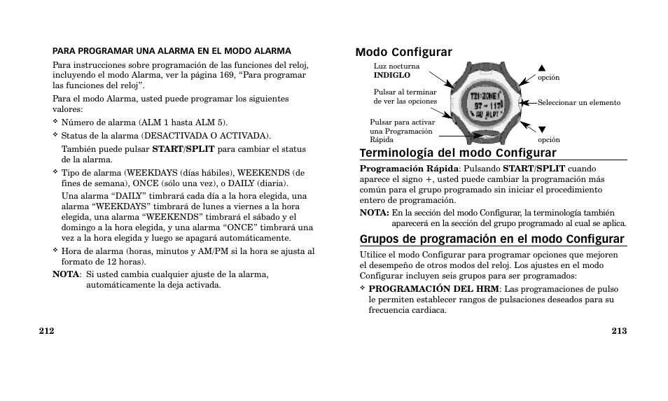 Modo configurar terminología del modo configurar, Grupos de programación en el modo configurar | Timex M185 User Manual | Page 108 / 207