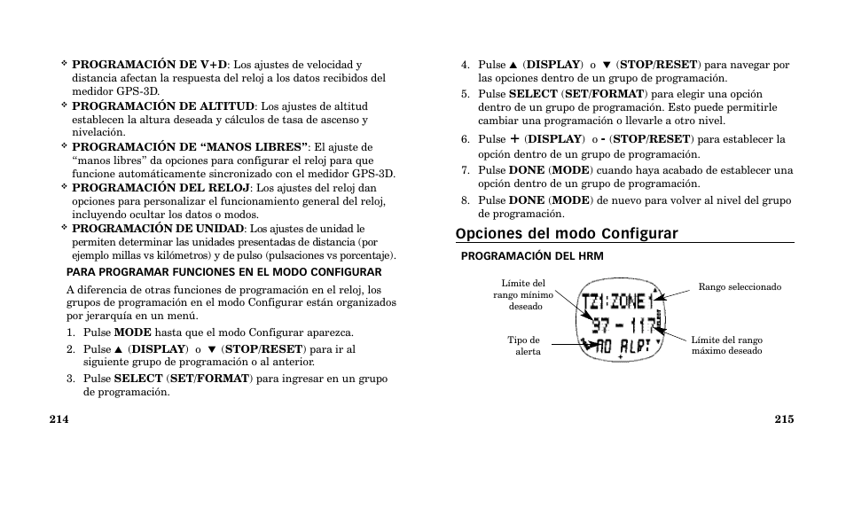 Opciones del modo configurar | Timex M185 User Manual | Page 109 / 207