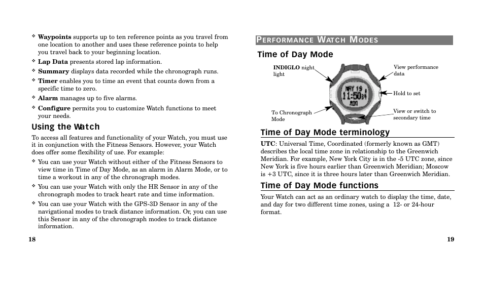 Time of day mode time of day mode terminology, Time of day mode functions, Using the wa t c h | Timex M185 User Manual | Page 11 / 207