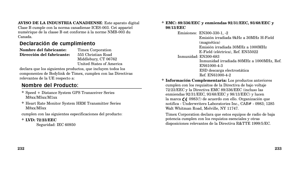 Declaración de cumplimiento, Nombre del producto | Timex M185 User Manual | Page 118 / 207