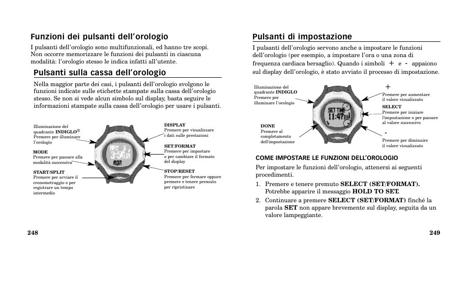 Pulsanti di impostazione, Funzioni dei pulsanti dell’orologio, Pulsanti sulla cassa dell’orologio | Timex M185 User Manual | Page 126 / 207