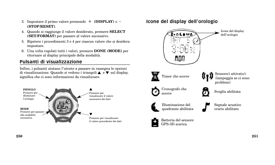 Icone del display dell’orologio, Pulsanti di visualizzazione | Timex M185 User Manual | Page 127 / 207