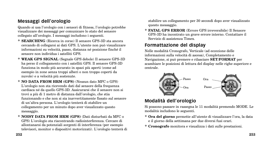 Formattazione del display, Modalità dell’orologio, Messaggi dell’orologio | Timex M185 User Manual | Page 128 / 207