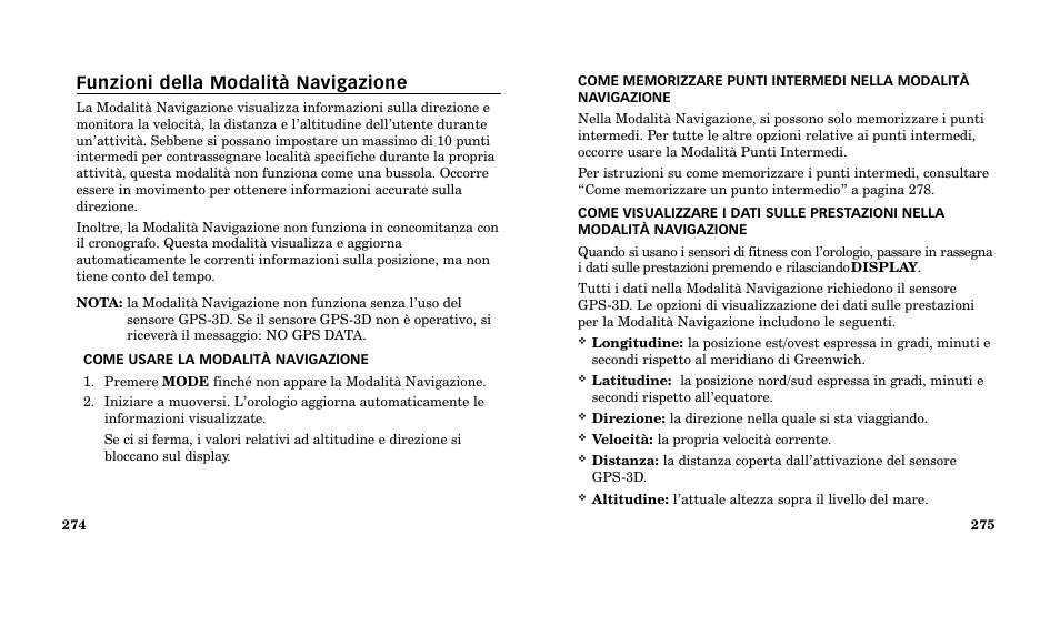 Funzioni della modalità navigazione | Timex M185 User Manual | Page 139 / 207