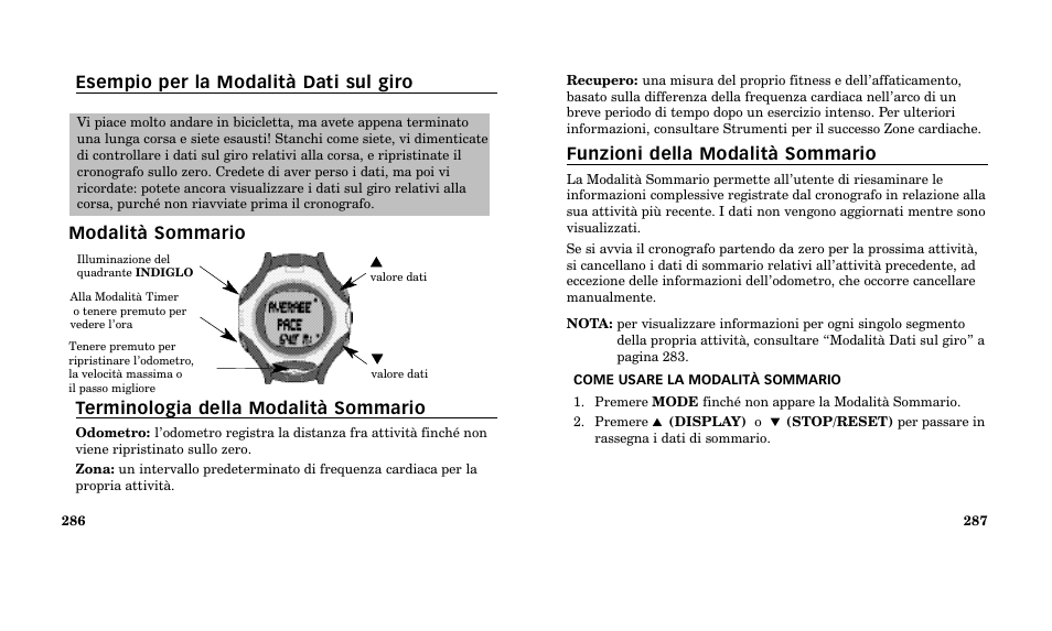 Funzioni della modalità sommario | Timex M185 User Manual | Page 145 / 207