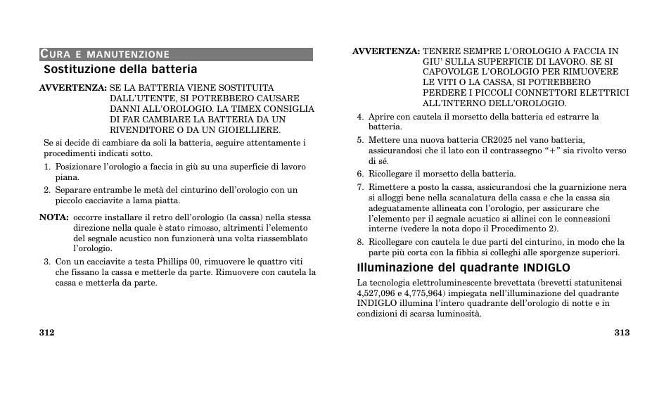 Illuminazione del quadrante indiglo, Sostituzione della batteria | Timex M185 User Manual | Page 158 / 207