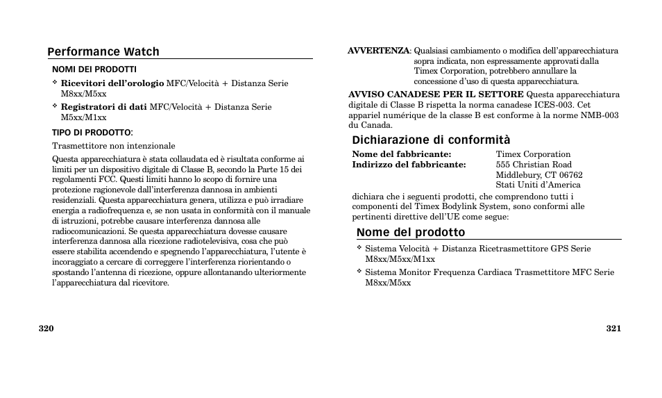 Dichiarazione di conformità, Nome del prodotto, Performance wa t c h | Timex M185 User Manual | Page 162 / 207