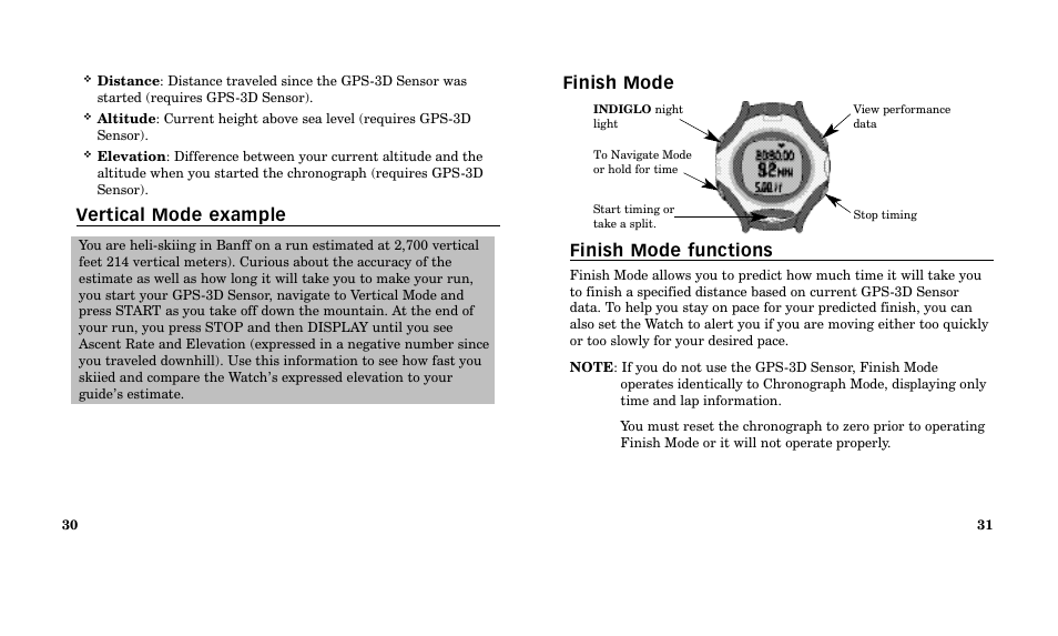 Finish mode finish mode functions, Vertical mode example | Timex M185 User Manual | Page 17 / 207