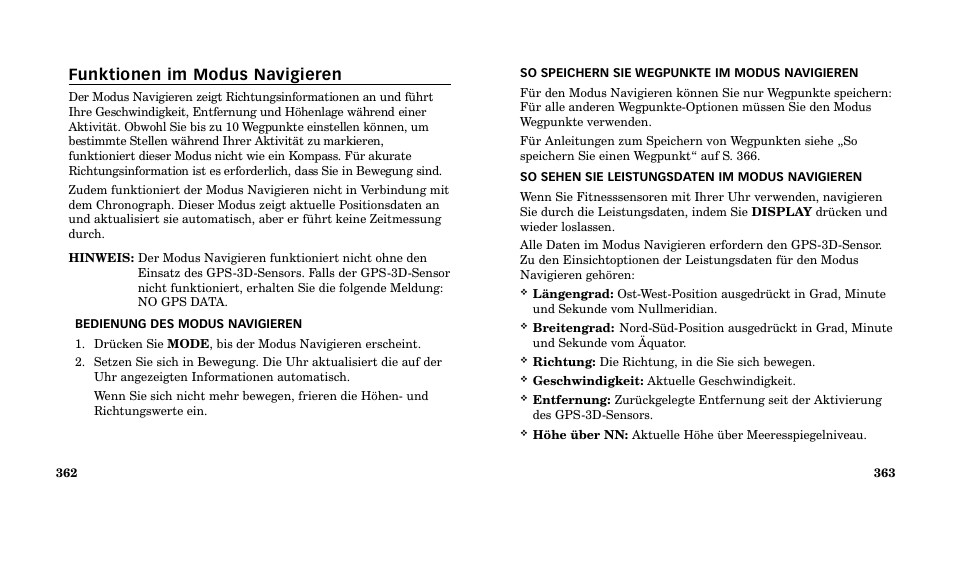 Funktionen im modus navigieren | Timex M185 User Manual | Page 183 / 207