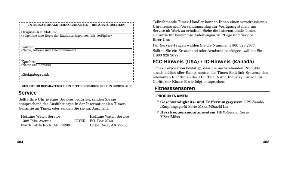 Fcc-hinweis (usa) / ic-hinweis (kanada) | Timex M185 User Manual | Page 204 / 207