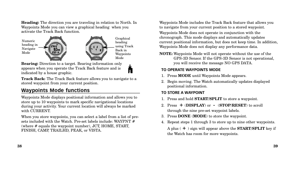 Waypoints mode functions | Timex M185 User Manual | Page 21 / 207