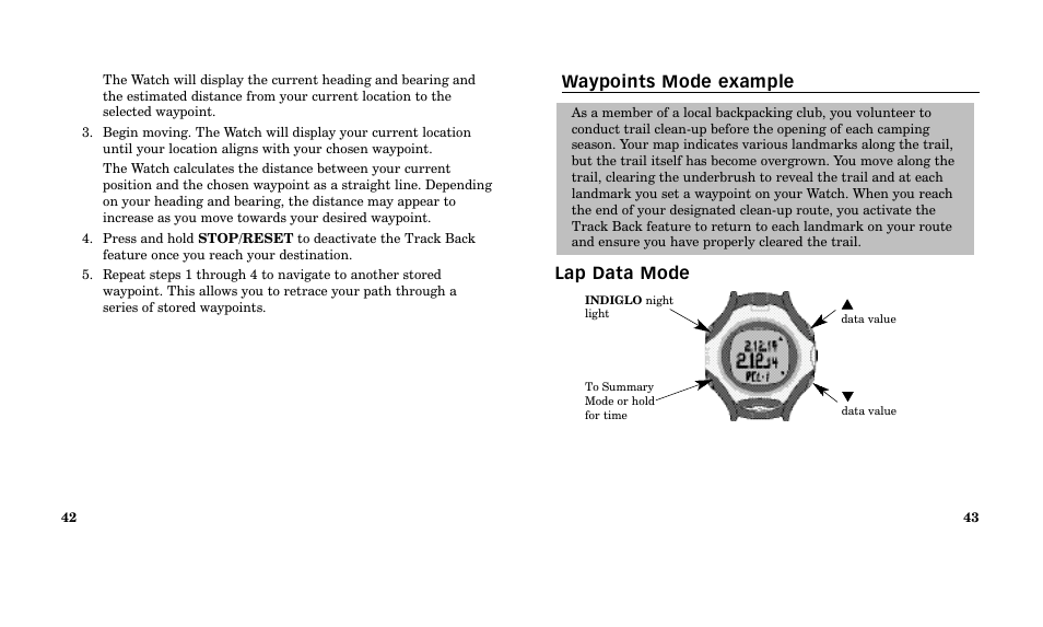 Waypoints mode example lap data mode | Timex M185 User Manual | Page 23 / 207