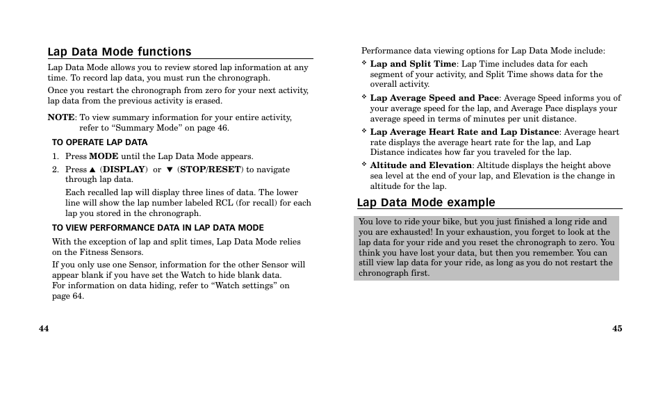 Lap data mode example, Lap data mode functions | Timex M185 User Manual | Page 24 / 207