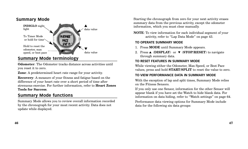 Summary mode summary mode terminology, Summary mode functions | Timex M185 User Manual | Page 25 / 207