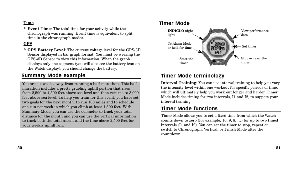 Timer mode timer mode terminology, Timer mode functions, Summary mode example | Timex M185 User Manual | Page 27 / 207