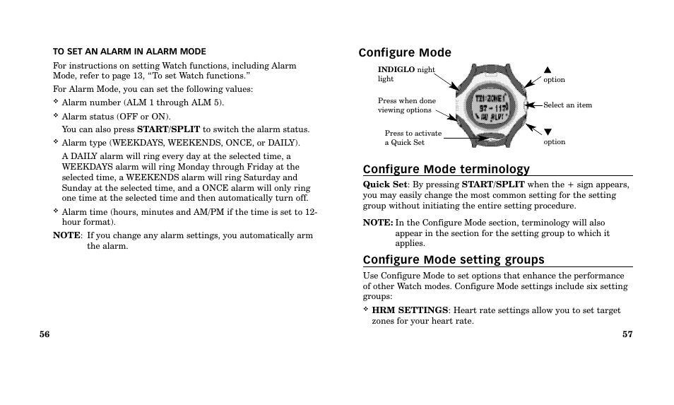 Configure mode configure mode terminology, Configure mode setting groups | Timex M185 User Manual | Page 30 / 207