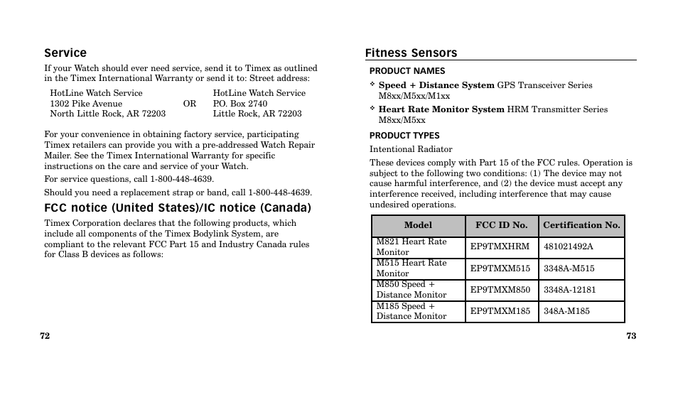 Fitness sensors, Fcc notice (united states)/ic notice (canada) | Timex M185 User Manual | Page 38 / 207
