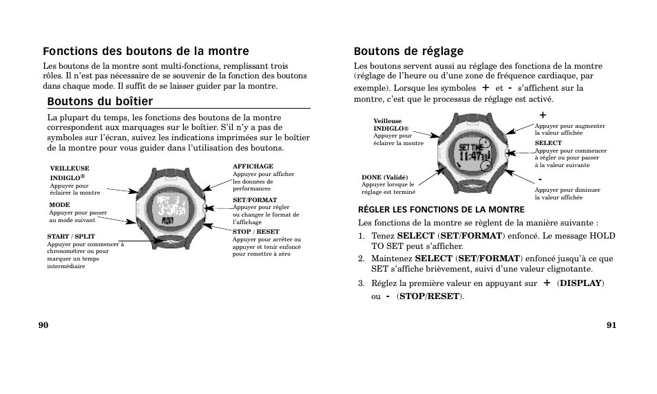 Boutons de réglage, Fonctions des boutons de la montre, Boutons du boîtier | Timex M185 User Manual | Page 47 / 207