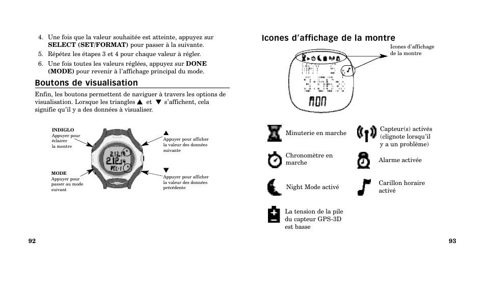 Icones d’affichage de la montre, Boutons de visualisation | Timex M185 User Manual | Page 48 / 207