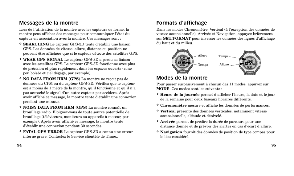 Formats d’affichage, Modes de la montre, Messages de la montre | Timex M185 User Manual | Page 49 / 207