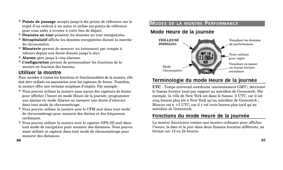 Fonctions du mode heure de la journée, Utiliser la montre | Timex M185 User Manual | Page 50 / 207
