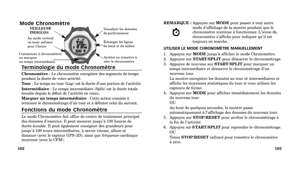 Mode chronomètre terminologie du mode chronomètre, Fonctions du mode chronomètre | Timex M185 User Manual | Page 53 / 207