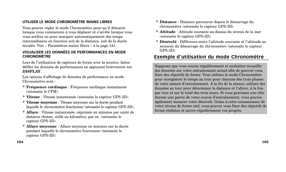 Exemple d’utilisation du mode chronomètre | Timex M185 User Manual | Page 54 / 207