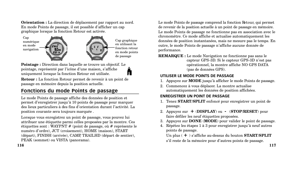 Fonctions du mode points de passage | Timex M185 User Manual | Page 60 / 207
