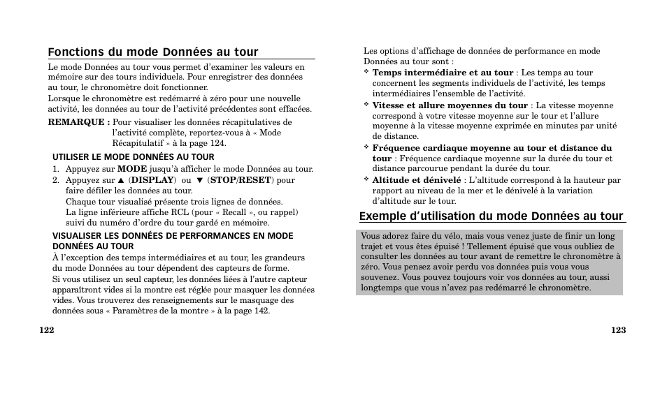Exemple d’utilisation du mode données au tour, Fonctions du mode données au tour | Timex M185 User Manual | Page 63 / 207