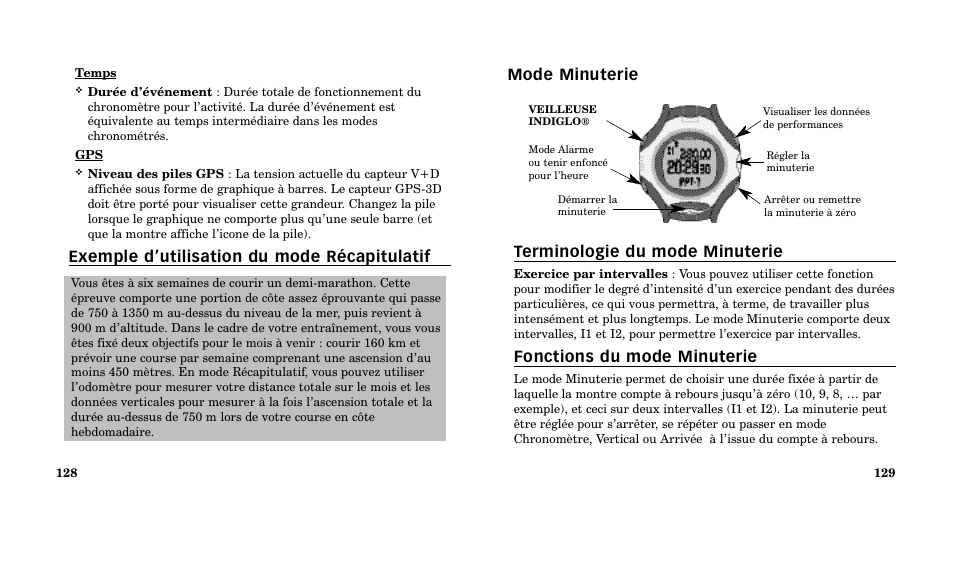Mode minuterie terminologie du mode minuterie, Fonctions du mode minuterie, Exemple d’utilisation du mode récapitulatif | Timex M185 User Manual | Page 66 / 207