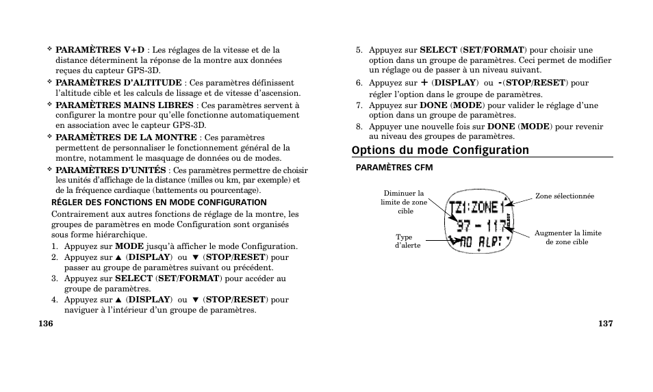 Options du mode configuration | Timex M185 User Manual | Page 70 / 207