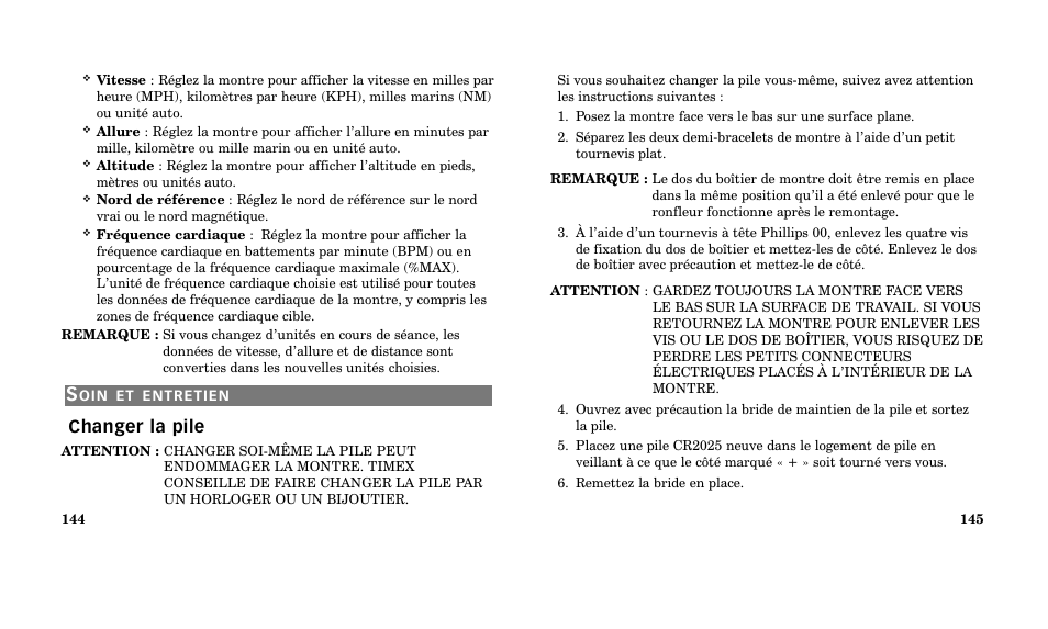 Changer la pile | Timex M185 User Manual | Page 74 / 207