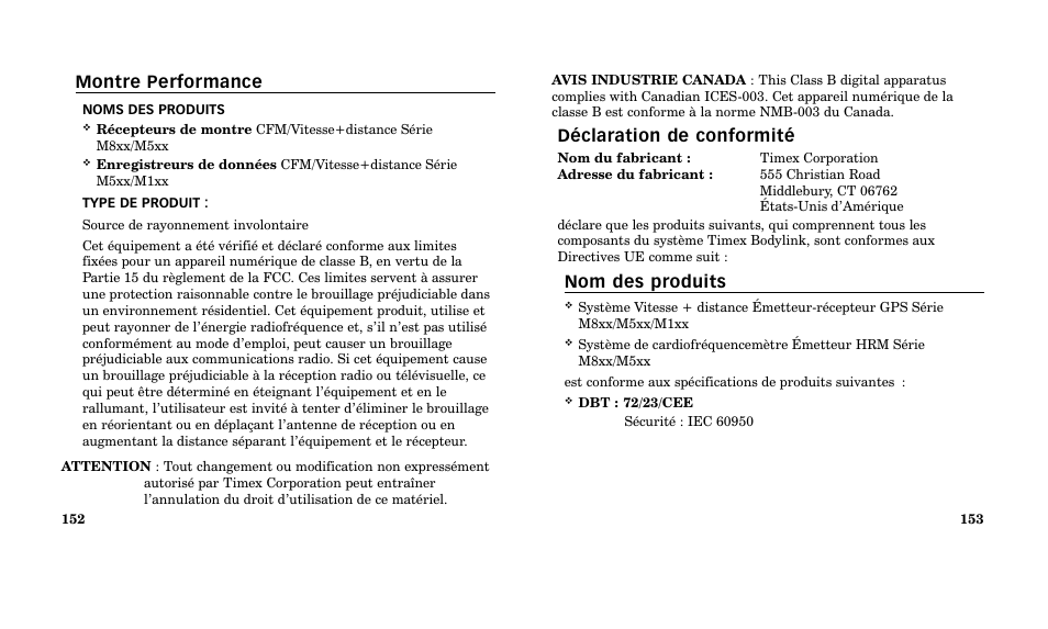 Déclaration de conformité, Nom des produits, Montre performance | Timex M185 User Manual | Page 78 / 207