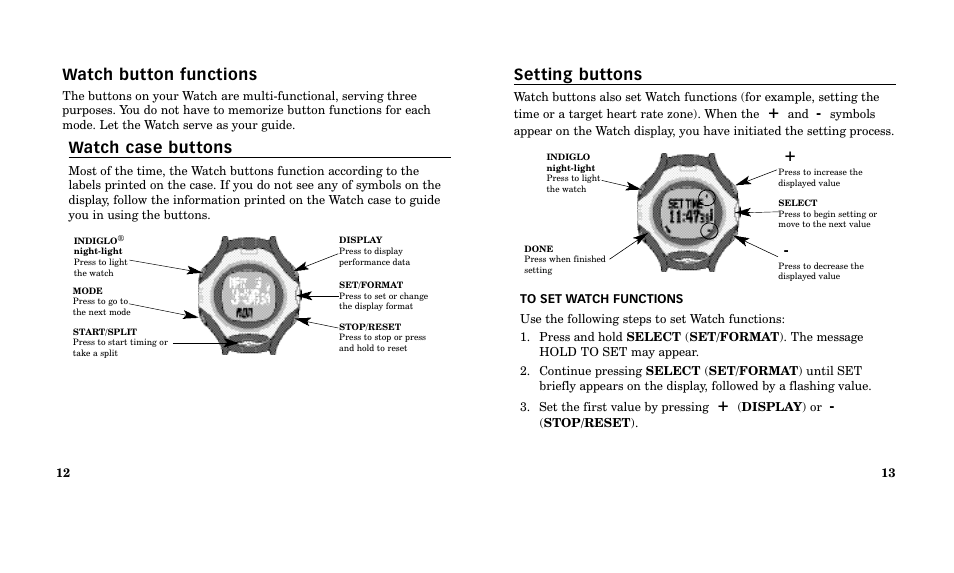 Setting buttons, Watch button functions, Watch case buttons | Timex M185 User Manual | Page 8 / 207