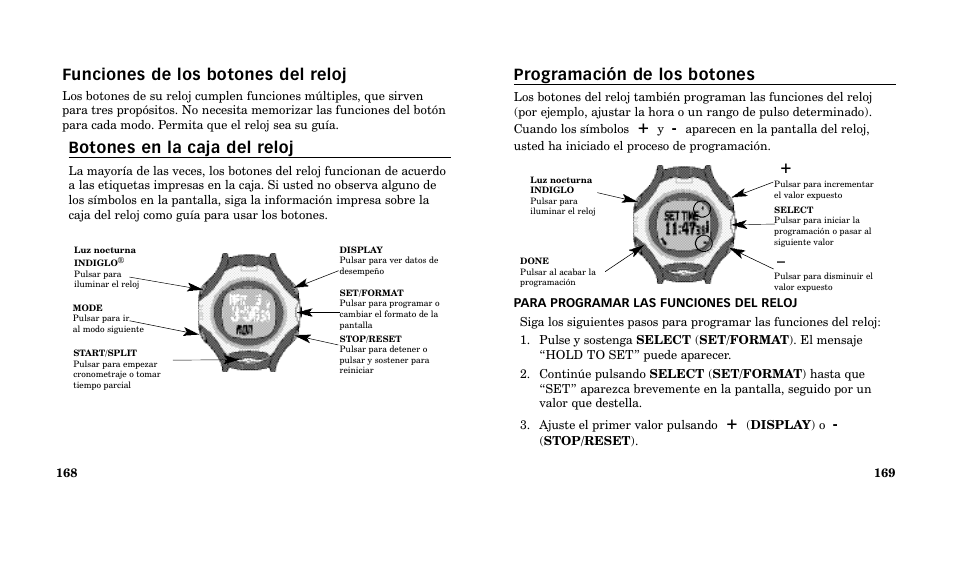 Programación de los botones, Funciones de los botones del reloj, Botones en la caja del reloj | Timex M185 User Manual | Page 86 / 207