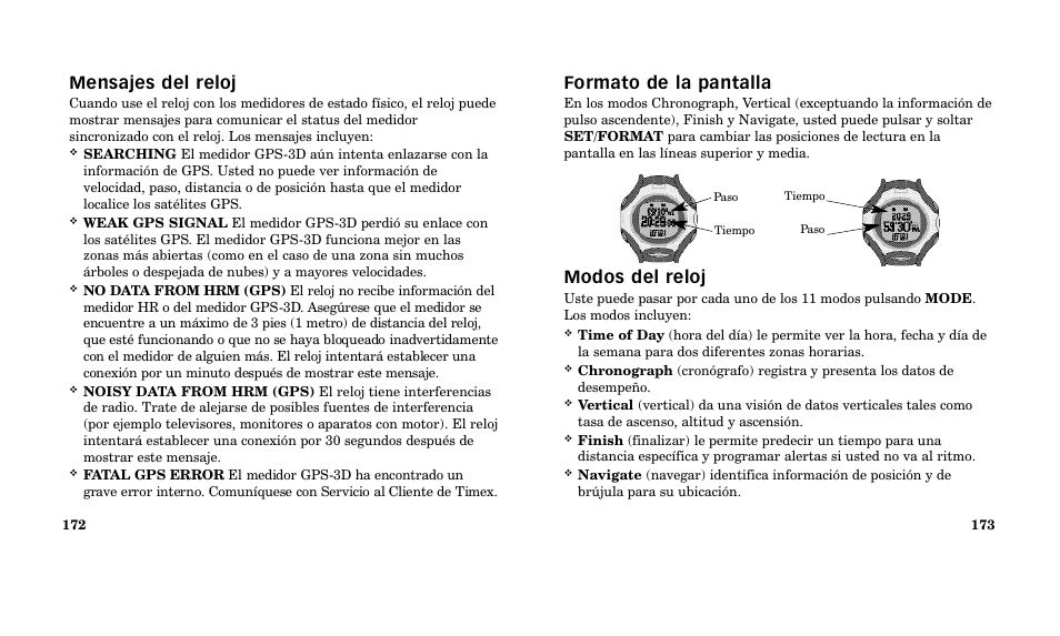Formato de la pantalla, Modos del reloj, Mensajes del reloj | Timex M185 User Manual | Page 88 / 207
