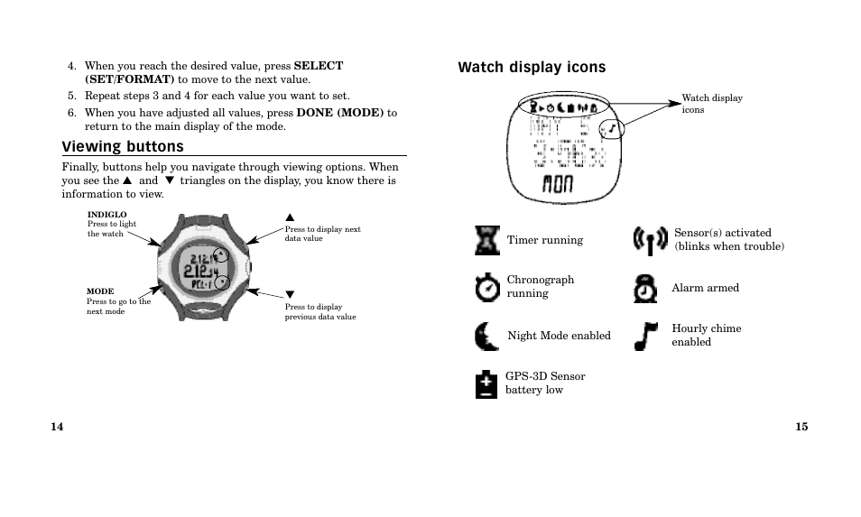 Watch display icons, Viewing buttons | Timex M185 User Manual | Page 9 / 207