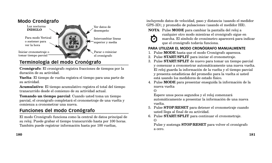 Modo cronógrafo terminología del modo cronógrafo, Funciones del modo cronógrafo | Timex M185 User Manual | Page 92 / 207