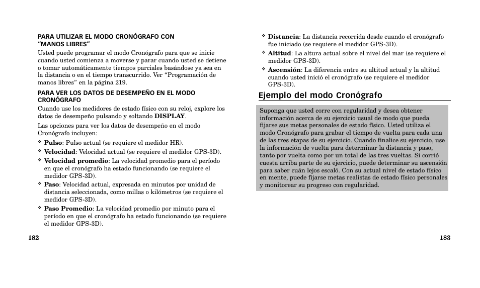 Ejemplo del modo cronógrafo | Timex M185 User Manual | Page 93 / 207
