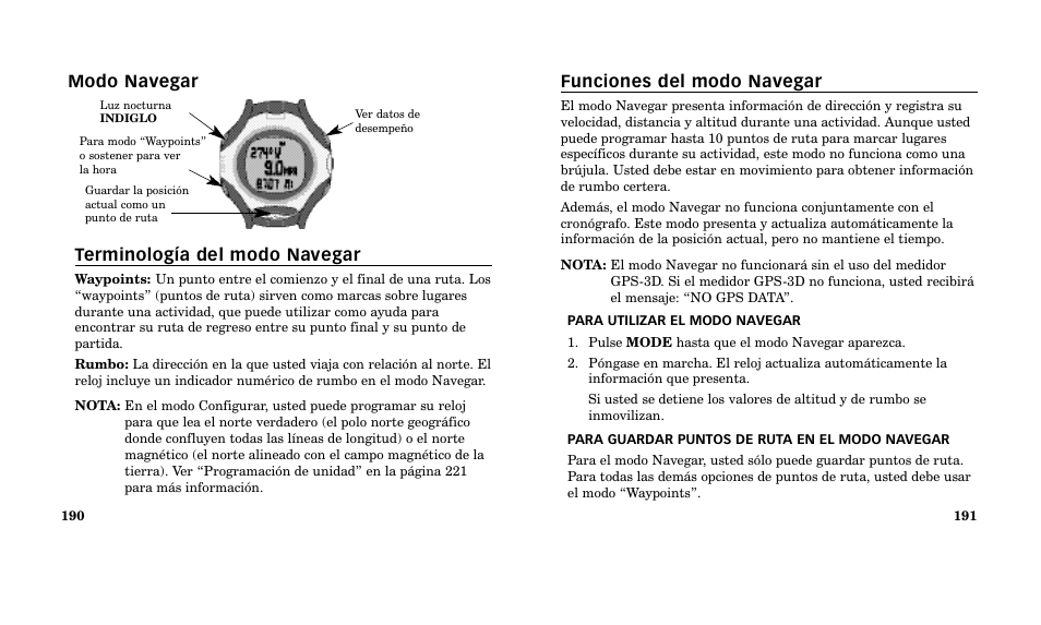 Funciones del modo navegar, Modo navegar terminología del modo navegar | Timex M185 User Manual | Page 97 / 207