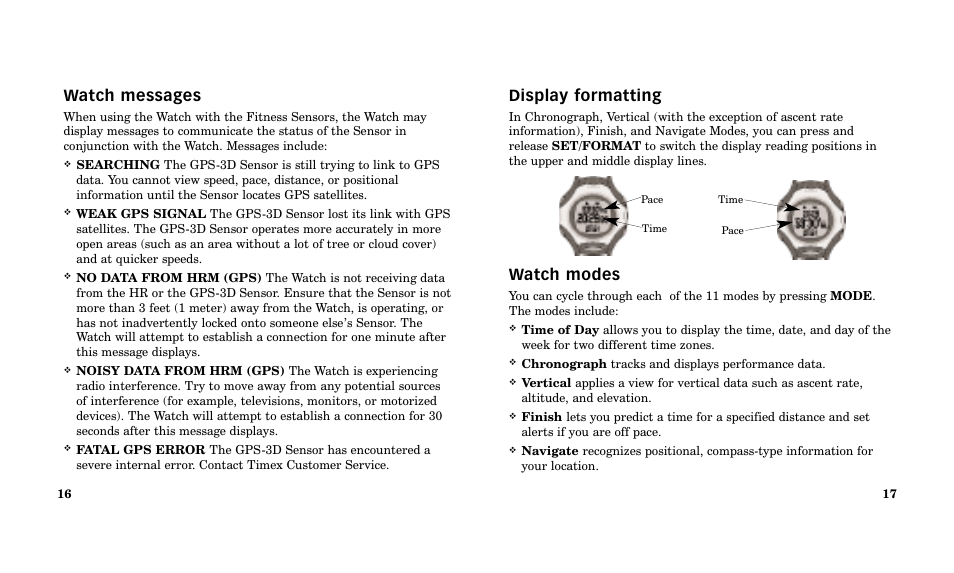 Display formatting, Watch modes, Watch messages | Timex Performance Watch User Manual | Page 10 / 159