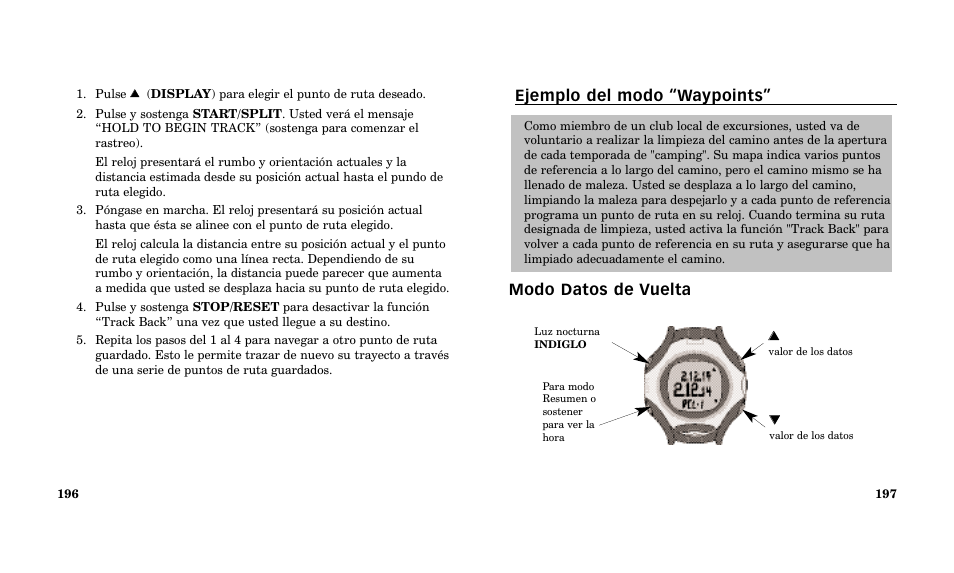 Ejemplo del modo “waypoints” modo datos de vuelta | Timex Performance Watch User Manual | Page 100 / 159