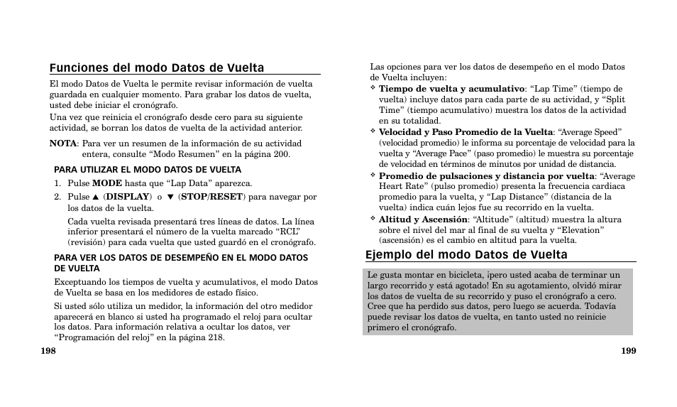 Ejemplo del modo datos de vuelta, Funciones del modo datos de vuelta | Timex Performance Watch User Manual | Page 101 / 159