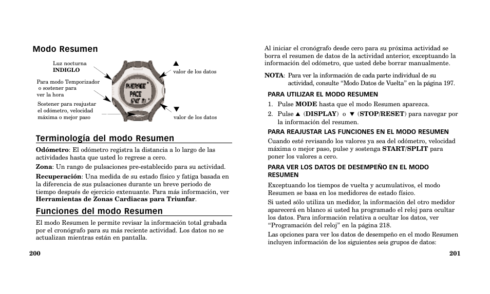 Modo resumen terminología del modo resumen, Funciones del modo resumen | Timex Performance Watch User Manual | Page 102 / 159