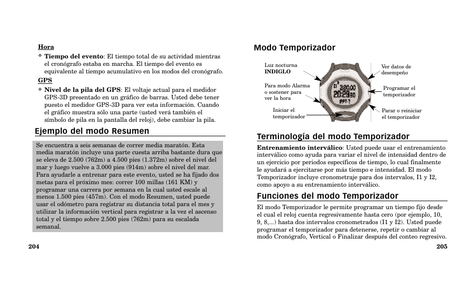Funciones del modo temporizador, Ejemplo del modo resumen | Timex Performance Watch User Manual | Page 104 / 159