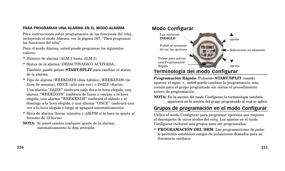 Modo configurar terminología del modo configurar, Grupos de programación en el modo configurar | Timex Performance Watch User Manual | Page 107 / 159