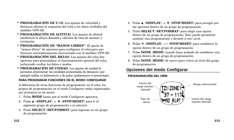 Opciones del modo configurar | Timex Performance Watch User Manual | Page 108 / 159