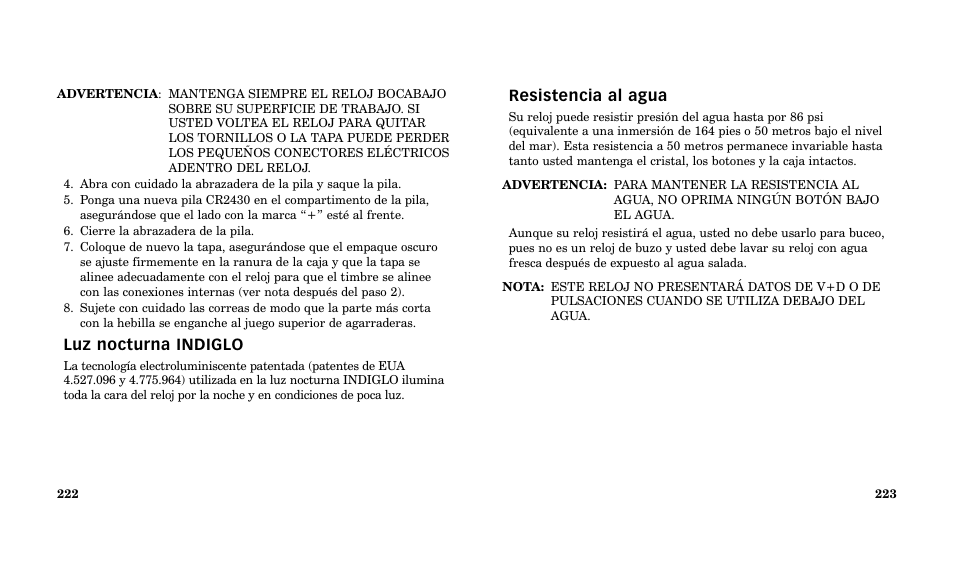 Resistencia al agua, Luz nocturna indiglo | Timex Performance Watch User Manual | Page 113 / 159