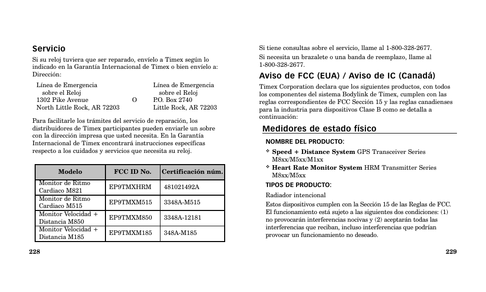 Aviso de fcc (eua) / aviso de ic (canadá), Medidores de estado físico, Servicio | Timex Performance Watch User Manual | Page 116 / 159