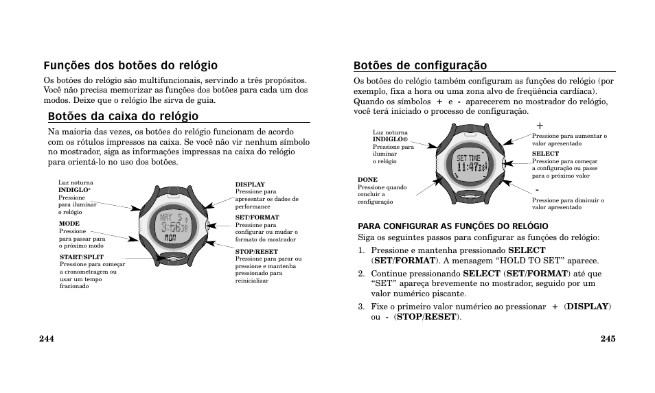 Botões de configuração, Funções dos botões do relógio, Botões da caixa do relógio | Timex Performance Watch User Manual | Page 124 / 159